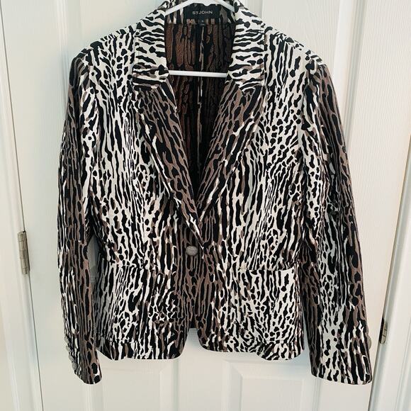 St. John Jacket Size 12 Zebra Print One Button Pockets Blazer Black White Brown - Picture 1 of 5